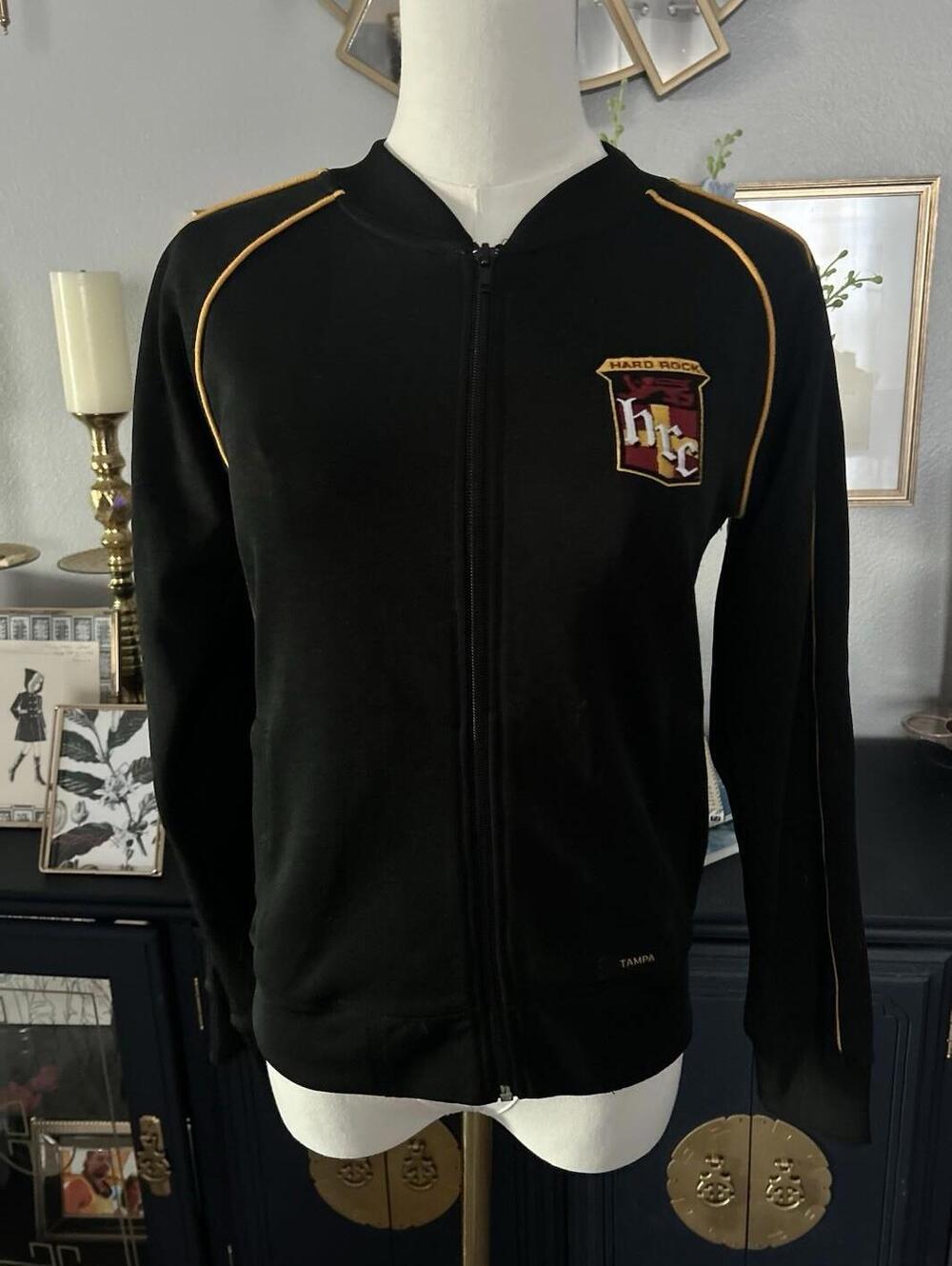 Hard Rock Cafe Tampa Women’s Track Jacket Size Small, Black W/Gold Trim